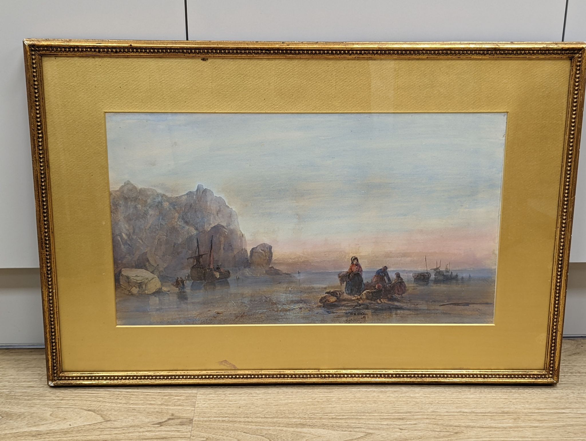 Henry Bright (1810-1873), watercolour, 'Coast scene, Evening', Agnews label verso, 30 x 53cm